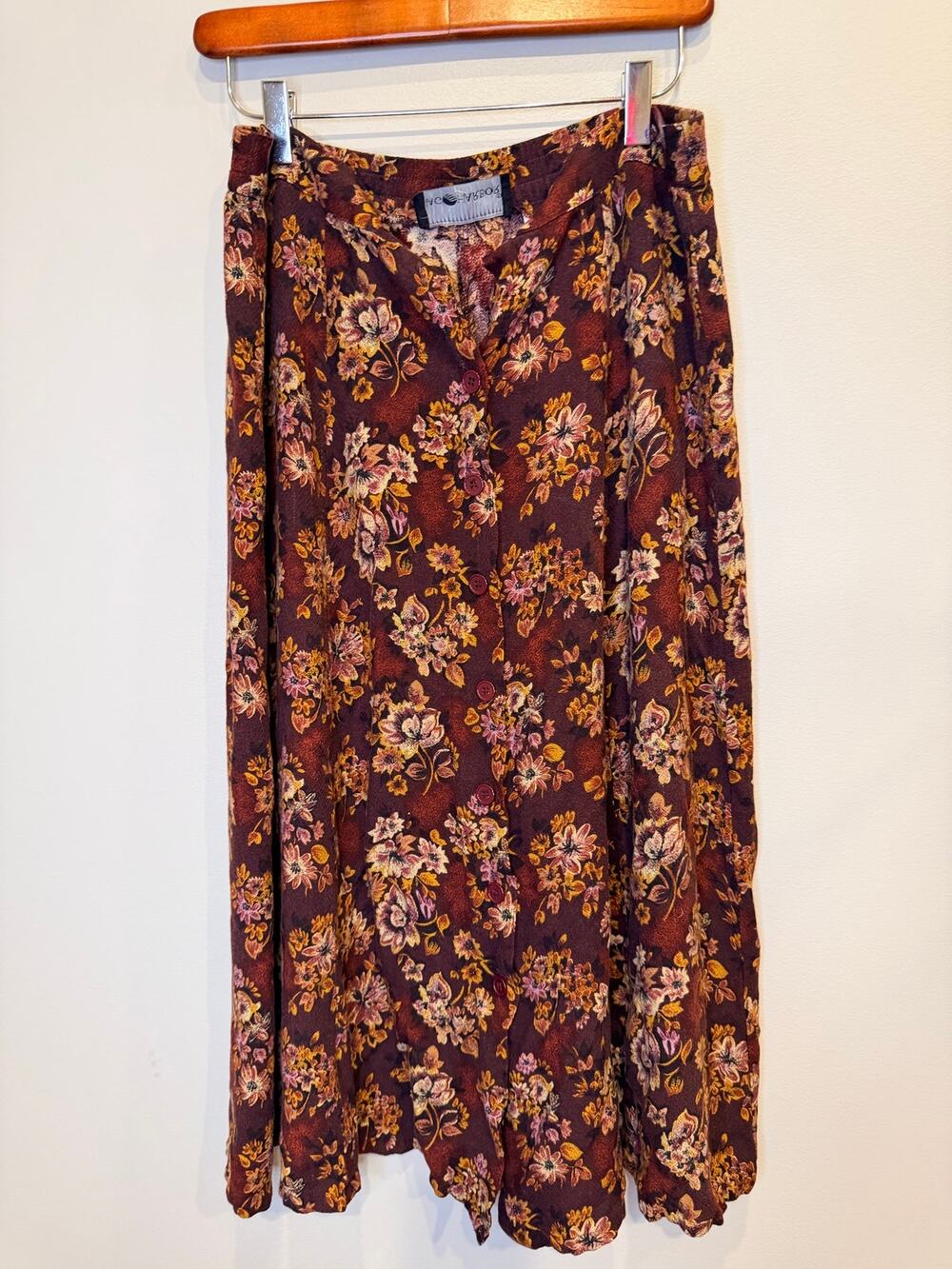 Vintage Sag Harbor 90s Burgundy Floral Button-Front Midi Skirt Medium